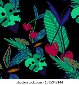 Vector colorful collage contemporary natural seamless pattern. Modern abstract shapes, hand drawn textures, tropical leaves and plants. Vector pattern with exotic abstract flowers for any purposes