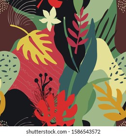 Vector colorful collage contemporary natural seamless pattern. Modern abstract shapes, hand drawn textures, tropical leaves and plants.