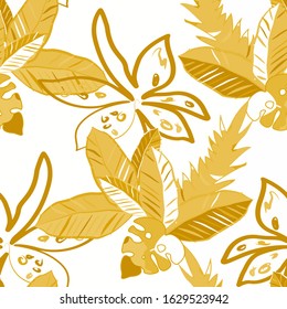 Vector colorful collage contemporary natural seamless pattern. Modern abstract shapes, hand drawn textures, tropical leaves and plants. Vector pattern with exotic abstract flowers for any purposes