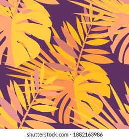 Vector colorful collage contemporary natural seamless pattern. Modern abstract shapes, hand drawn textures, tropical leaves. Vector pattern with exotic abstract leaves for any purposes
