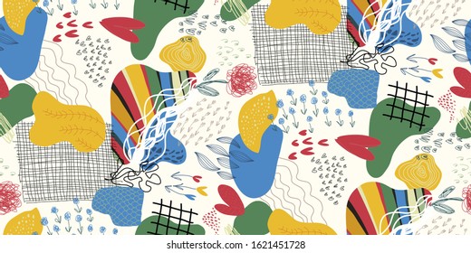 Vector colorful collage contemporary seamless pattern. Modern abstract shapes, hand drawn textures, flowers, dots.