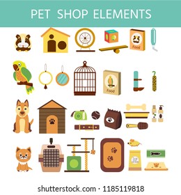 Vector colorful collection of domestic mammals, set of pets  icon. Parrot, dog, cat, hamsters  and goods for pets. Vector illustration for banner or web page for vet clinic, pet shop or shelter.