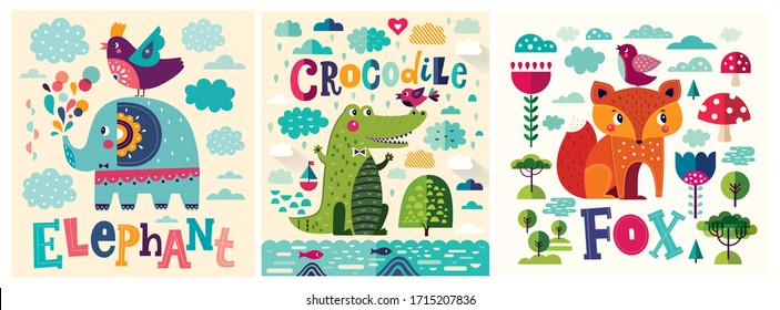 Vector Colorful collection of funny Animals with trees, flowers and lettering. Collection of kids posters with fox, crocodile and elephant