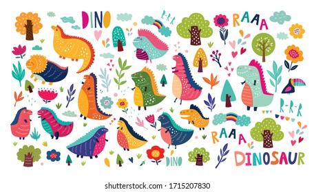 Vector Colorful collection of funny Dinosaurs with trees, flowers , rainbow and leaves