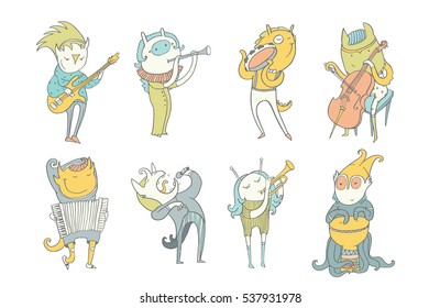 Vector colorful collection with lovely monsters, playing musical instruments, singing. Creatures play accordion, trumpet, drum, guitar, flute, cello, tambourine. Hand drawn characters in pastel colors