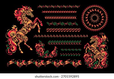 Vector colorful collection set illustration of horse made of Russian patterns and ornaments, the symbol of the 2026 Chinese New Year