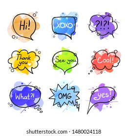 Vector Colorful Collection of Speech Bubbles Isolated on White Background, Lettering, Hand Drawn Letters, Geometric Liquid Shapes Background, Different Colors.