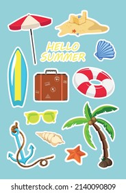 Vector colorful collection of summer stickers. Set of summer icons on blue background. Printable template a4 a5