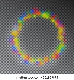 Vector colorful color magic circle. Glowing rainbow ring effect with sparkle. Glitter sparkle swirl trail effect on black background. Bokeh glitter round ellipse line with sparkling flash lights.