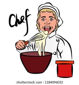 Vector colorful comic art style illustration of a funny kid in a cook's hat with a plate of food.Illustration for the holiday International cook day.Chef day concept background.the chef tries the dish