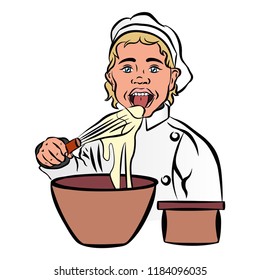 Vector colorful comic art style illustration of a funny kid in a cook's hat with a plate of food.Illustration for the holiday International cook day.Chef day concept background.the chef tries the dish