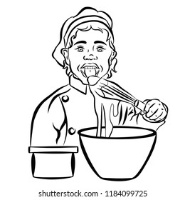 Vector colorful comic art style illustration of a funny kid in a cook's hat with a plate of food.Illustration for the holiday International cook day.Chef day concept background.the chef tries the dish