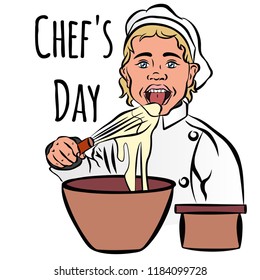 Vector colorful comic art style illustration of a funny kid in a cook's hat with a plate of food.Illustration for the holiday International cook day.Chef day concept background.the chef tries the dish