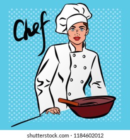 Vector colorful comic art style illustration of a pretty woman in a cook's hat with a plate of food. Illustration for the holiday International cook day.Chef day concept background. 