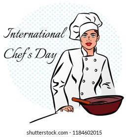 Vector colorful comic art style illustration of a pretty woman in a cook's hat with a plate of food. Illustration for the holiday International cook day.Chef day concept background. 