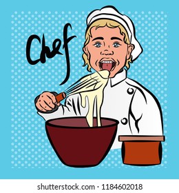 Vector colorful comic art style illustration of a pretty woman in a cook's hat with a plate of food. Illustration for the holiday International cook day.Chef day concept background. 