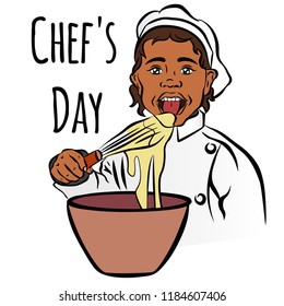 Vector colorful comic art style illustration of a funny kid in a cook's hat with a plate of food.Illustration for the holiday International cook day.Chef day concept background.the chef tries the dish