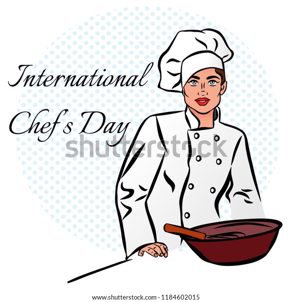 料理人の帽子に食べ物を入れた美しい女性を描いた ベクター画像のカラフルなコミックアートスタイルのイラスト ホリデーインターナショナルの料理の日のイラスト 料理人の日のコンセプト背景 のベクター画像素材 ロイヤリティフリー