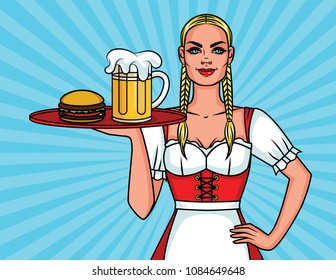 Vector colorful comic pop art style illustration of a pretty waitress with a mug bear and a burger. Nice character of the beautiful waitress of the Oktoberfest festival with a meal tray