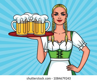 Vector colorful comic pop art style illustration of a pretty waitress with a mug of beer. The beautiful waitress of the Oktoberfest festival with a drinks