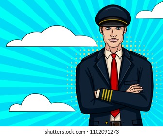 Vector colorful comic pop art style illustration of  smiling pilot standing with crossed hands. Handsome man wearing uniform with hat and tie over blue sky background