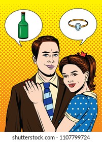 Vector colorful comic pop art style illustration of couples relationship. Girl hugging boyfriend and dreaming about marriage