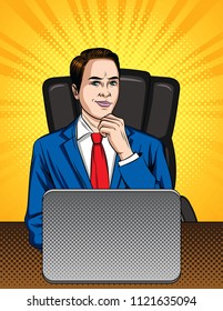 Vector colorful comic pop art style illustration of a manager sitting on the chair in the office. Businessman thinking at his working place