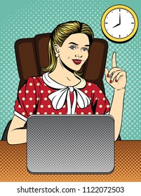 Vector colorful comic pop art style illustration of a secretary sitting on the chair in office. Business Woman pointing finger up at the clock