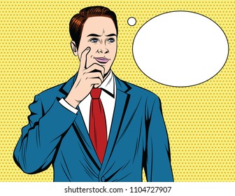 Vector colorful  comic style illustration of an office man thinking. Manager standing in suit with finger near his face