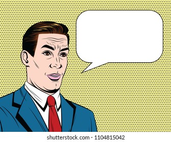 Vector colorful comic style illustration of a businessman with emotional face over dot background. Handsome adult 50-60s style guy in suit speaking with speech bubble