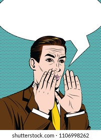 Vector colorful comic style illustration of a man in suit hold hands near mouth. Handsome guy in 50-60s style are screaming 