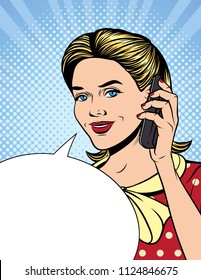 Vector colorful comic style illustration of a beautiful girl with a phone are talking. Young woman calling by phone