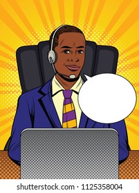 Vector colorful comic style illustration of a consultant in headphones making a call. African American guy in suit working at call center