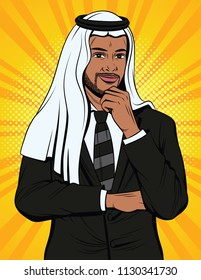 Vector colorful comic style illustration of arabic businessman are thinking. Office worker wearing traditional islamic clothes standing over halftone dot background