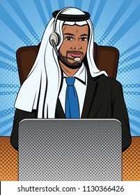 Vector colorful comic style illustration of an Arabian man in traditional clothes is working at support service. A muslim office worker communicates with customers behind his laptop