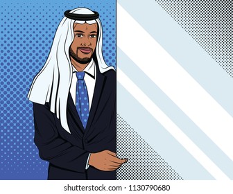 Vector colorful comic style illustration of a businessman pointing at a white screen. Handsome arabian man wearing traditional clothes. Office worker from Saudi standing with white banner 