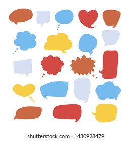 Vector colorful communication speech bubbles set, hand drawn dialog clouds isolated on white background.