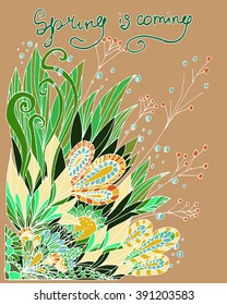 Vector colorful composition with meadow flowers and leaves. Hand drawn floral doodle. Hand written words "Spring is coming". 