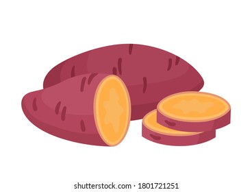 Vector colorful composition of sweet potatoes isolated on white. Batata or yam with red skin, cartoon vegetables used for poster, website, brochure, tag