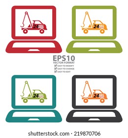 Vector : Colorful Computer Laptop With 24 HRS Service Tow Car or Truck on Screen Sign, Icon or Label Isolated on White Background 