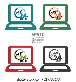 Vector : Colorful Computer Laptop With Open 24 Hour on Screen Sign, Icon or Label Isolated on White Background 
