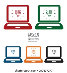 Vector : Colorful Computer Notebook or Laptop With 24 HRS Online Shopping on Screen Icon or Label Isolated on White Background