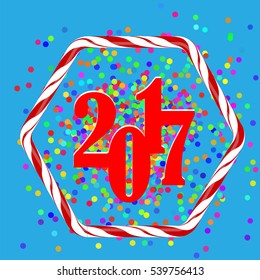 Vector Colorful Confetti Christmas Background. 20167 New Year Pattern in Sweet Candy Cane Frame