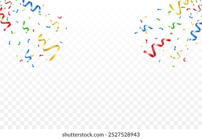 Vektor bunte Konfetti, die von oben auf einem isolierten transparenten Hintergrund fallen. Geeignet für Weihnachts- oder Feiertagsszenen. Serpentin oder Konfetti PNG.
