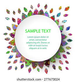 Vector colorful congratulatory background with hand drawn leaves ornament and place for text