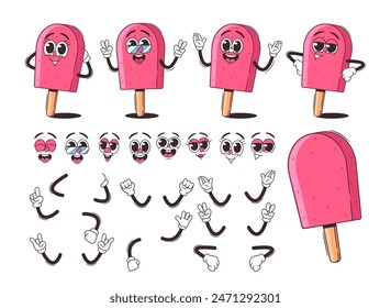 Vector Colorful Construction Kit Of Cartoon Ice Cream Character Depicts Different Facial Expressions, Arms And Hands