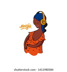 Vector colorful contour flat illustration of a pregnant black skinned woman. Happy, calm dark skinned girl is listening to classical music on headphones. Identity design with lettering music.