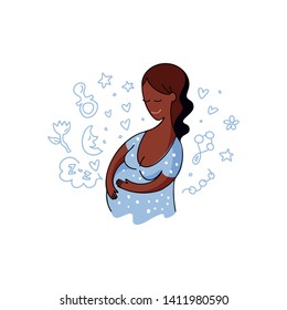 Vector colorful contour flat illustration of a black skinned pregnant woman. Happy dark skinned girl is waiting for a child. Identity concept for pregnancy hospital. Hand drawn template with doodle. 