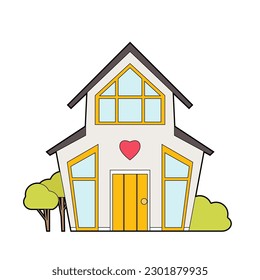 Vector colorful contour illustration of a cute country house. Dollhouse front view. Rental and sale of housing. Outline picture of a suburban building with cute decorations and bushes.