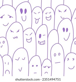 Vector. Colorful contrast seamless pattern. Creepy evil Halloween background. Hand-drawn ghosts in cartoon style. Repeating wallpaper, sketch. Design of gift wrapping, gift paper. Trick or treat.